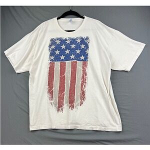 Made in USA T-Shirt Mens 2X American Flag Distressed Graphic White Cotton Good